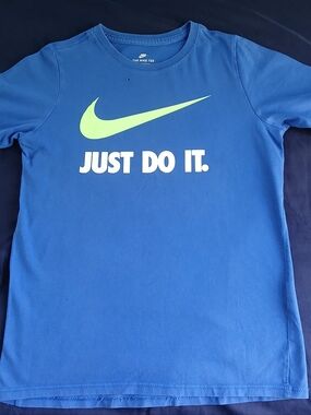 Nike Blue Tee with Neon Green Swoosh & 'Just Do It.' Graphic Size Large